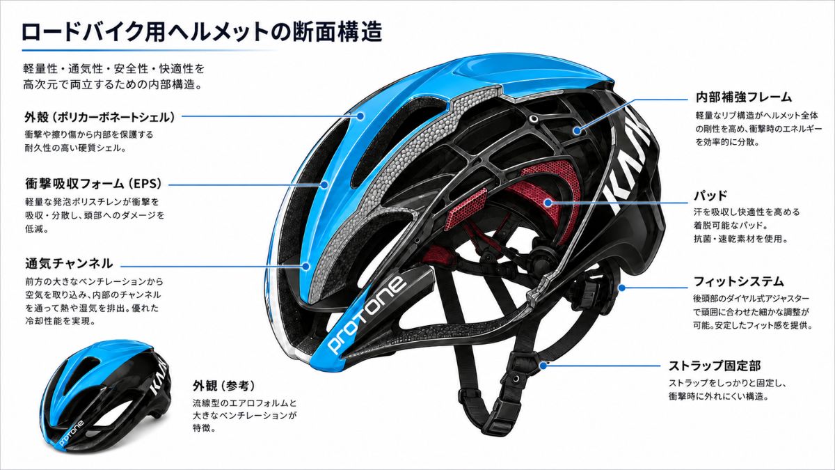 KASK（カスク）のロードバイク用ヘルメット「PROTONE（プロトーネ）」の断面構造図。外殻、衝撃吸収フォーム、内部補強フレーム、通気チャンネルなどの内部構造を解説。初心者が安全で快適なヘルメットを選ぶための解説。