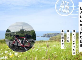 海辺の美しい風景に愛車のピナレロを配置し、「ピナレロがくれた自由」と記されたアイキャッチ。初心者が最初のロードバイクを選ぶ参考になるよう、良かった点や失敗談の率直なレビューと、自転車旅の楽しさが伝わるブログ記事の表紙。