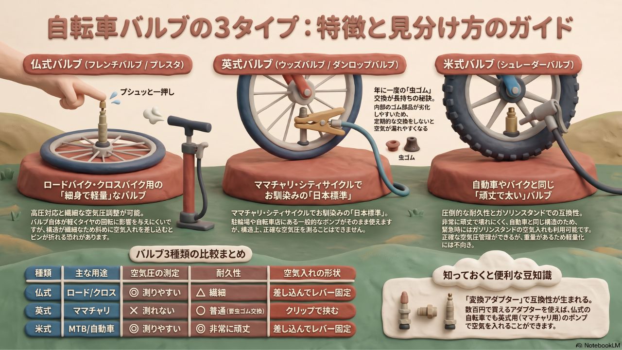 仏式、英式、米式の自転車用バルブ3種類の特徴と見分け方をまとめたイラスト図解。ロードバイク初心者向けに、それぞれの用途や空気圧の測りやすさ、耐久性を比較し、適切な空気入れを選ぶための基礎知識を解説する資料。