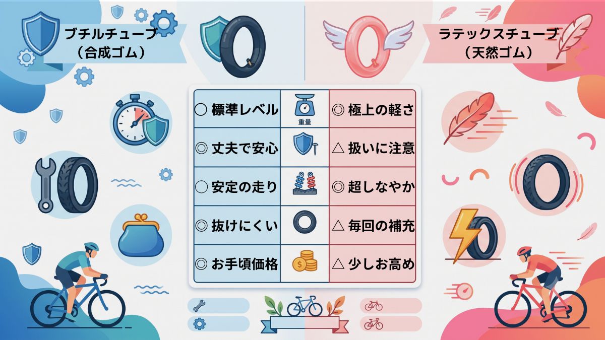 ロードバイク用チューブであるブチル(合成ゴム)とラテックス(天然ゴム)の性能比較表。重量、耐久性、乗り心地、空気の抜けにくさ、価格を分かりやすく図解。初心者が安全でトラブルの少ないソロライドを楽しむための、失敗しない機材選びの参考資料。