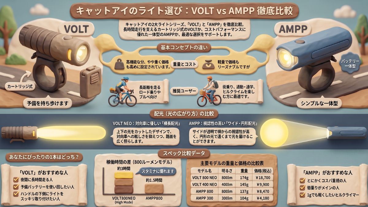 キャットアイの2大ライトシリーズ、長時間走行に強い「VOLT（カートリッジ式）」とコストパフォーマンスに優れたシンプルな「AMPP（一体型）」の特徴、配光、スペックを比較した、親しみやすいクレイアニメーション風のイラスト図解。ロードバイク初心者さんが自分のスタイルに合わせてライトを選ぶための分かりやすい解説資料。