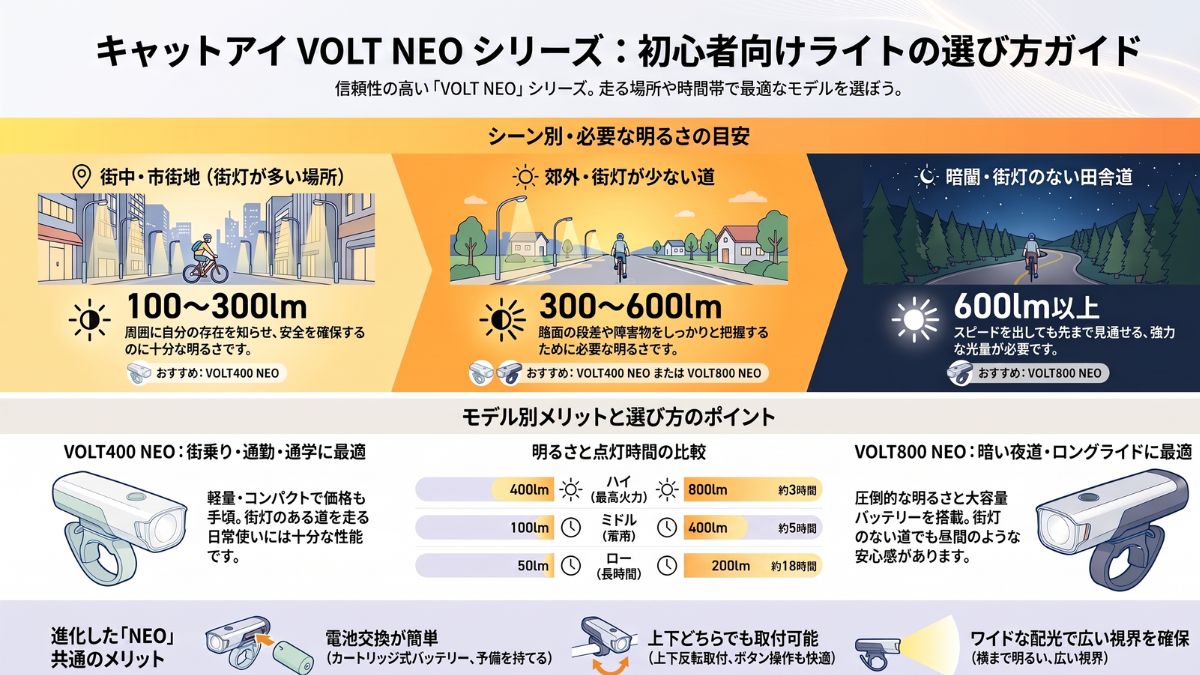 キャットアイの自転車用ライト「VOLT400 NEO」と「VOLT800 NEO」の性能をシーン別に比較したイラスト図解。街中から暗い田舎道まで、初心者が安全なソロライドを楽しむために必要な明るさの目安と選び方を解説する資料。
