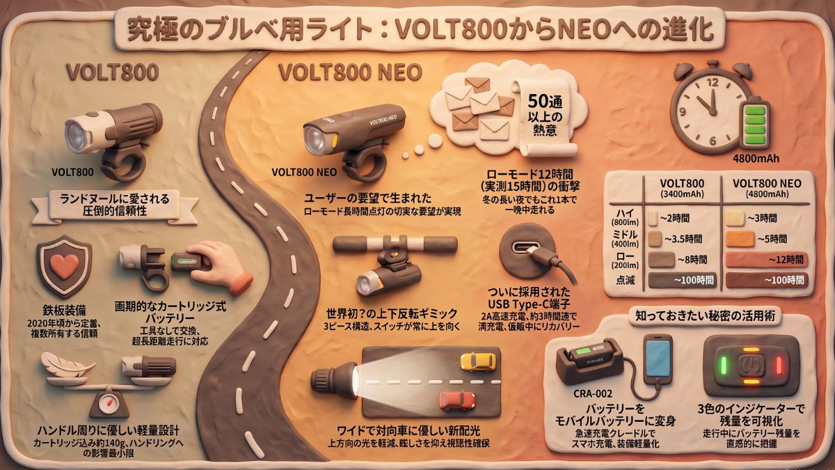 粘土細工風のイラストで描かれた、キャットアイの自転車用ライト「VOLT800」と新型「VOLT800 NEO」の性能比較図解。旧型の良さと新型の進化を踏まえ、ロードバイク初心者が自分の用途に合うライトを選ぶための分かりやすい解説資料。