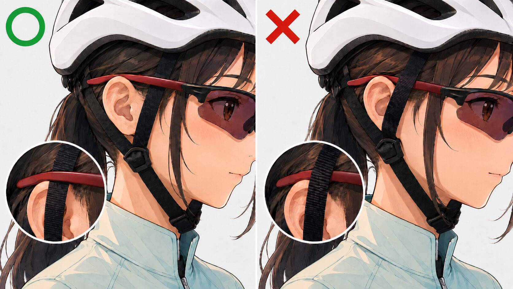 ロードバイク用ヘルメットのあご紐とアイウェア（サングラス）の正しい位置関係を解説した比較図解。初心者が間違えやすい「紐の外側」にテンプル（つる）を出す正しいかけ方と、その安全性についての理由を分かりやすく伝える資料。