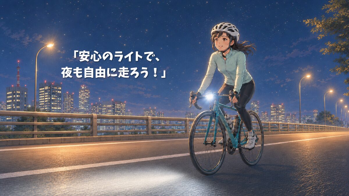 輝く街の灯りと星空の下、一筋の力強い光で道を照らしながらマイペースに走るロードバイク。昼間とは違う静かな夜の空気を楽しみ、不安を安心に変えるお守りのようなライトと共に、自由気ままなソロライドの時間を思いきり満喫する解放感あふれるイラスト。