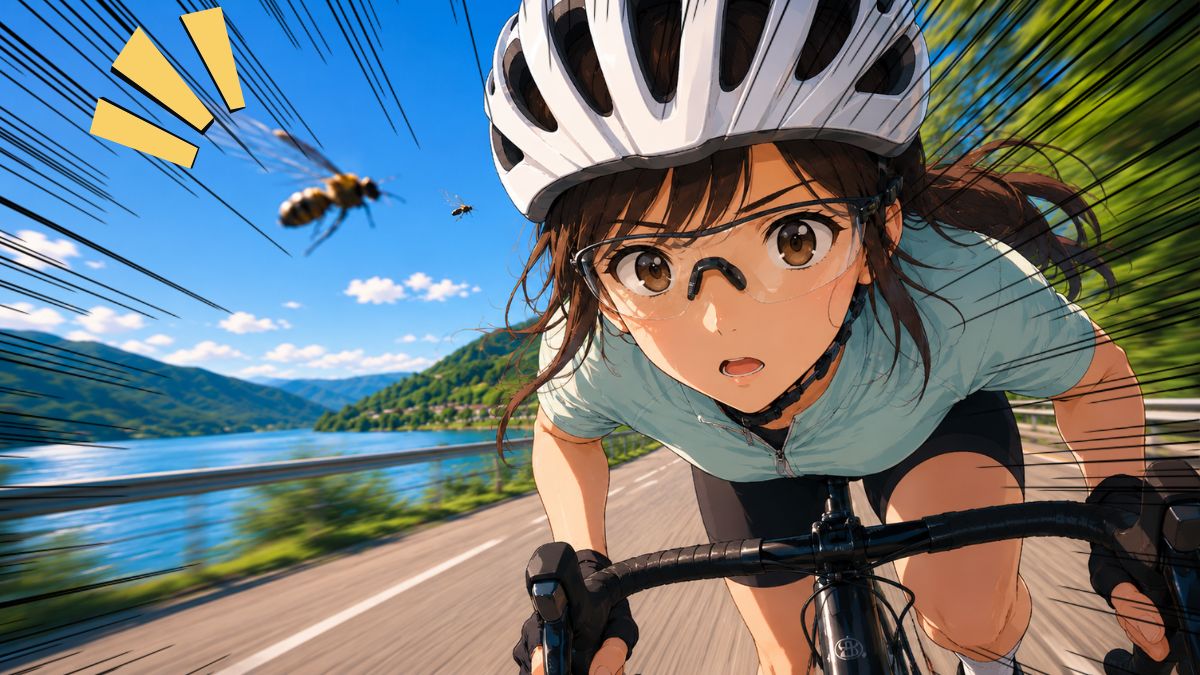 湖畔の美しい道をロードバイクで走る女性の顔に向かって、大きな虫が弾丸のように飛んでくる驚きの瞬間。初心者が直面しやすい走行中の虫ばたき（虫アタック）の危険性と、目を守るアイウェア（サングラス）の重要性を分かりやすく解説するアイキャッチ。
