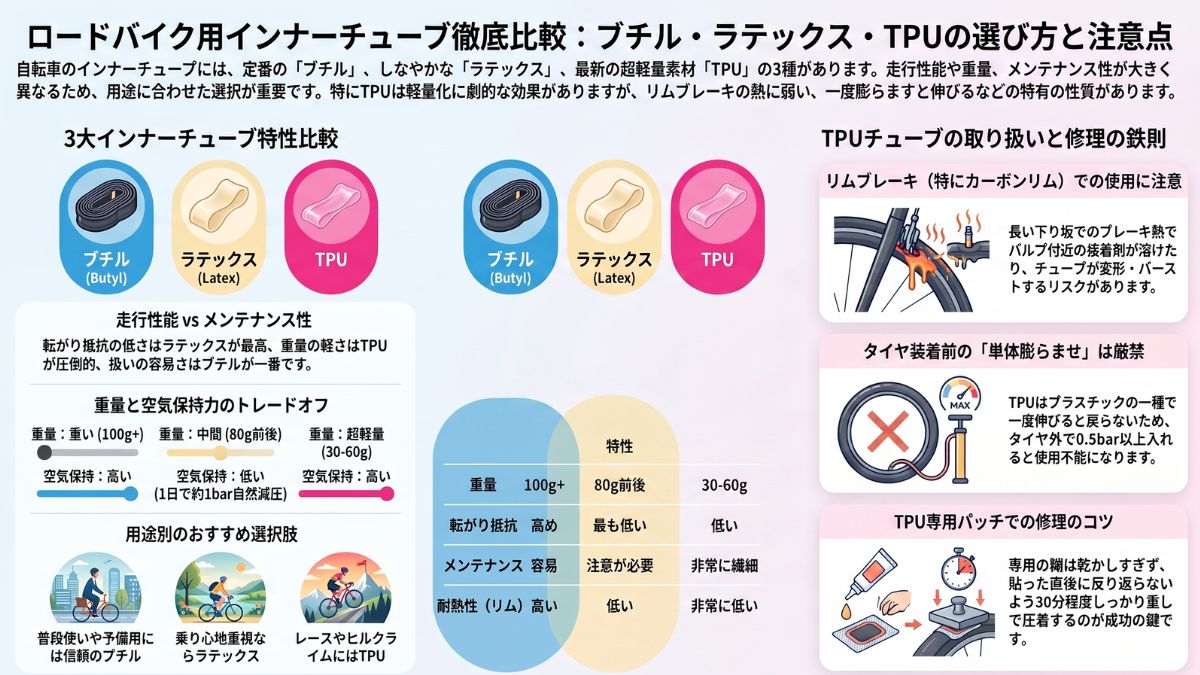 ロードバイク用インナーチューブ(ブチル、ラテックス、TPU)の3種類を比較した図解。それぞれの特性、重量、用途別のおすすめ、およびTPUチューブ特有の取り扱い注意点(熱への弱さ、単体膨らませ厳禁など)を初心者向けに分かりやすく解説した資料。