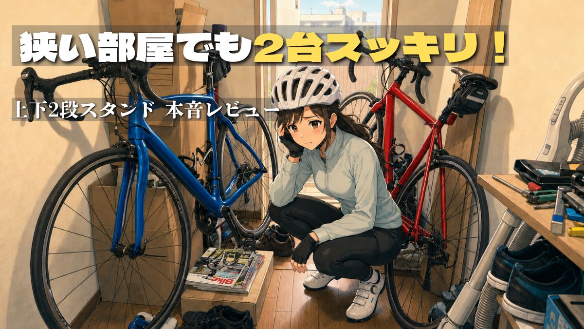 荷物と2台のロードバイクで窮屈になった部屋で、収納場所に悩む女性サイクリストのイラスト。「狭い部屋でも2台スッキリ！上下2段スタンド本音レビュー」の文字が添えられ、室内保管の悩みを解決するアイテムを初心者に分かりやすく紹介するアイキャッチ。