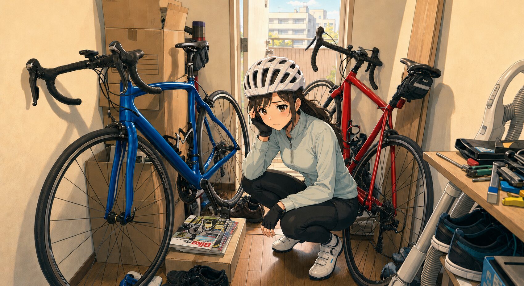 段ボールや荷物と一緒に、青と赤のロードバイク2台が窮屈そうに置かれた部屋で、収納スペースに悩む女性サイクリストのイラスト。上下2段式ディスプレイスタンドを使って、狭い空間でもスッキリと自転車を保管する方法を解説する記事のアイキャッチ画像。