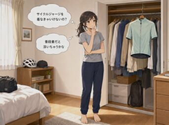 クローゼットのサイクルジャージを見て悩む女性。「サイクルジャージを着なきゃいけないの?」「普段着だと浮いちゃうかな」という吹き出しがある。 判断理由: 画像内の状況と、記事の核となる悩みの内容を示す吹き出しのテキストを見えない人にも正確に伝えるため。