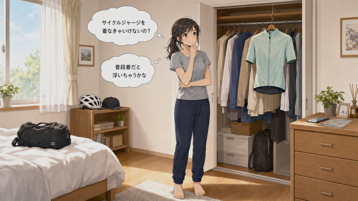 クローゼットのサイクルジャージを見て悩む女性。「サイクルジャージを着なきゃいけないの？」「普段着だと浮いちゃうかな」という吹き出しがある。 判断理由： 画像内の状況と、記事の核となる悩みの内容を示す吹き出しのテキストを見えない人にも正確に伝えるため。