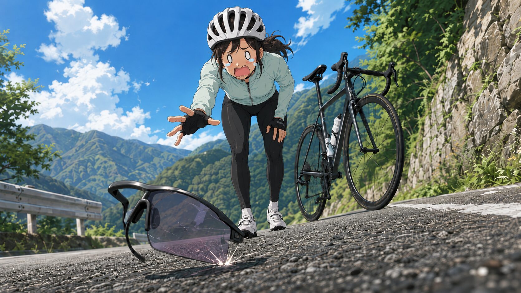 山道のアスファルトに落ちたスポーツサングラスと、その後ろで焦った表情で手を伸ばす女性サイクリスト。