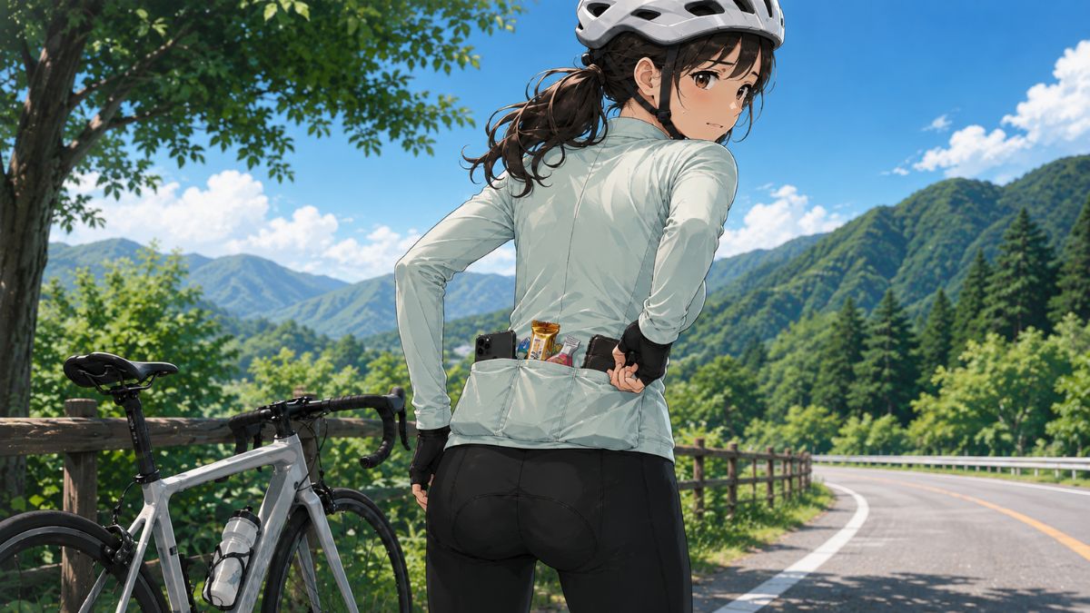景色の良い山道で振り返る女性サイクリスト。サイクルジャージの背中ポケットには、スマートフォンや補給食がパンパンに詰め込まれている。 判断理由: 記事のテーマである「ポケットに物が詰め込まれすぎている状態」と、背中を気にするような人物の動きを見えない人にも正確に伝えるため。