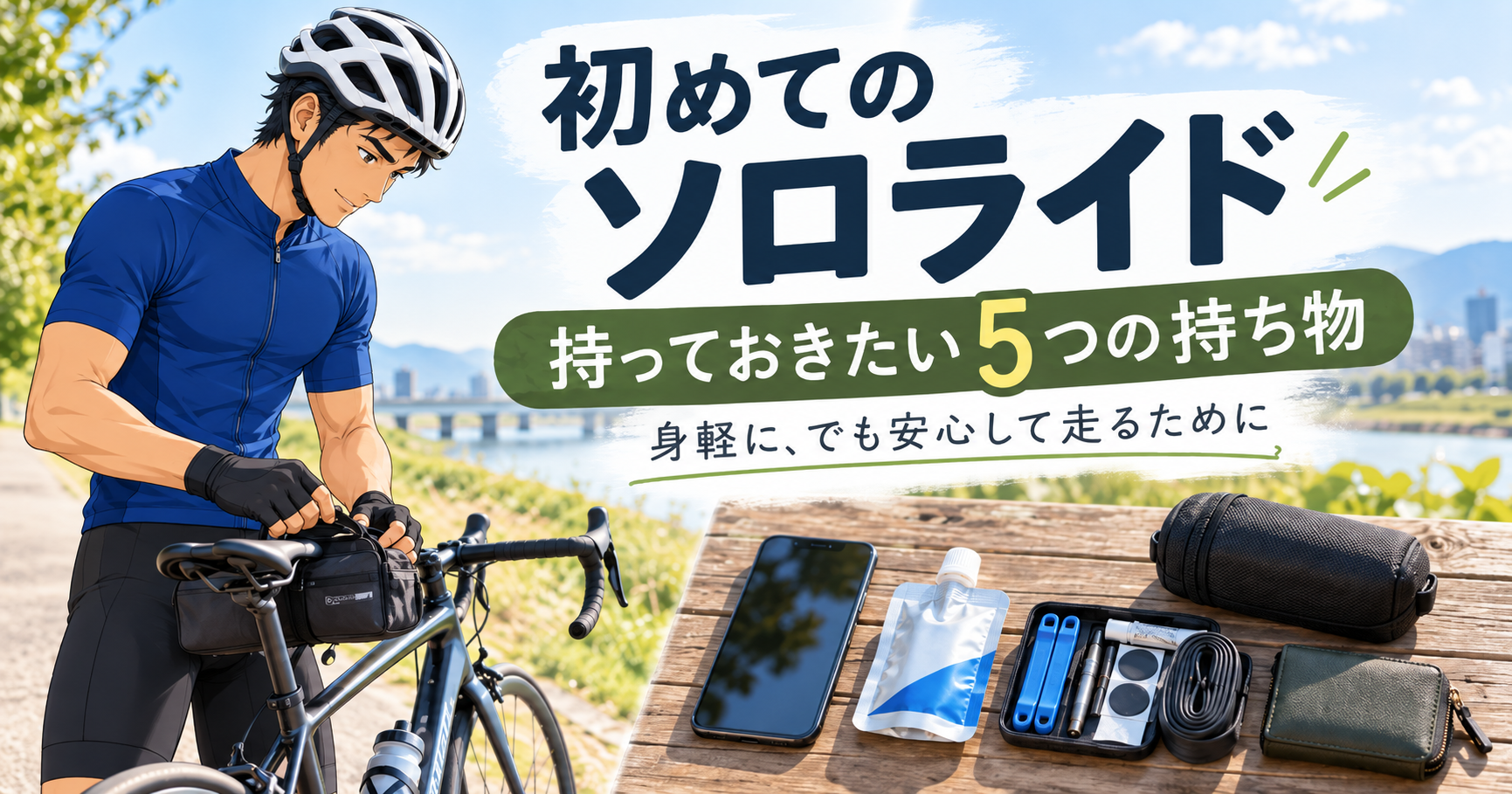 川沿いでロードバイクのサドルバッグを準備する男性サイクリストと、テーブルに並んだスマートフォン、補給食、パンク修理キットなどの必須アイテム。初心者が初めてのソロライドに安心して出かけるための、身軽で安全な持ち物5選を解説するアイキャッチ。