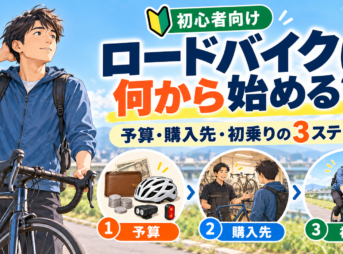 ロードバイク初心者向けに、予算・購入先・初乗りの3ステップをイラストで解説。ロードバイクを持つ男性と購入準備の様子。